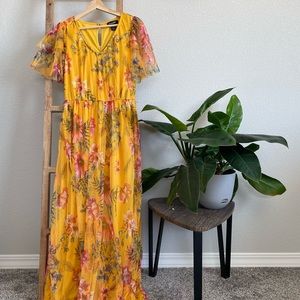 Candalite | Yellow Floral Flutter Sleeve Flowy Maxi Dress